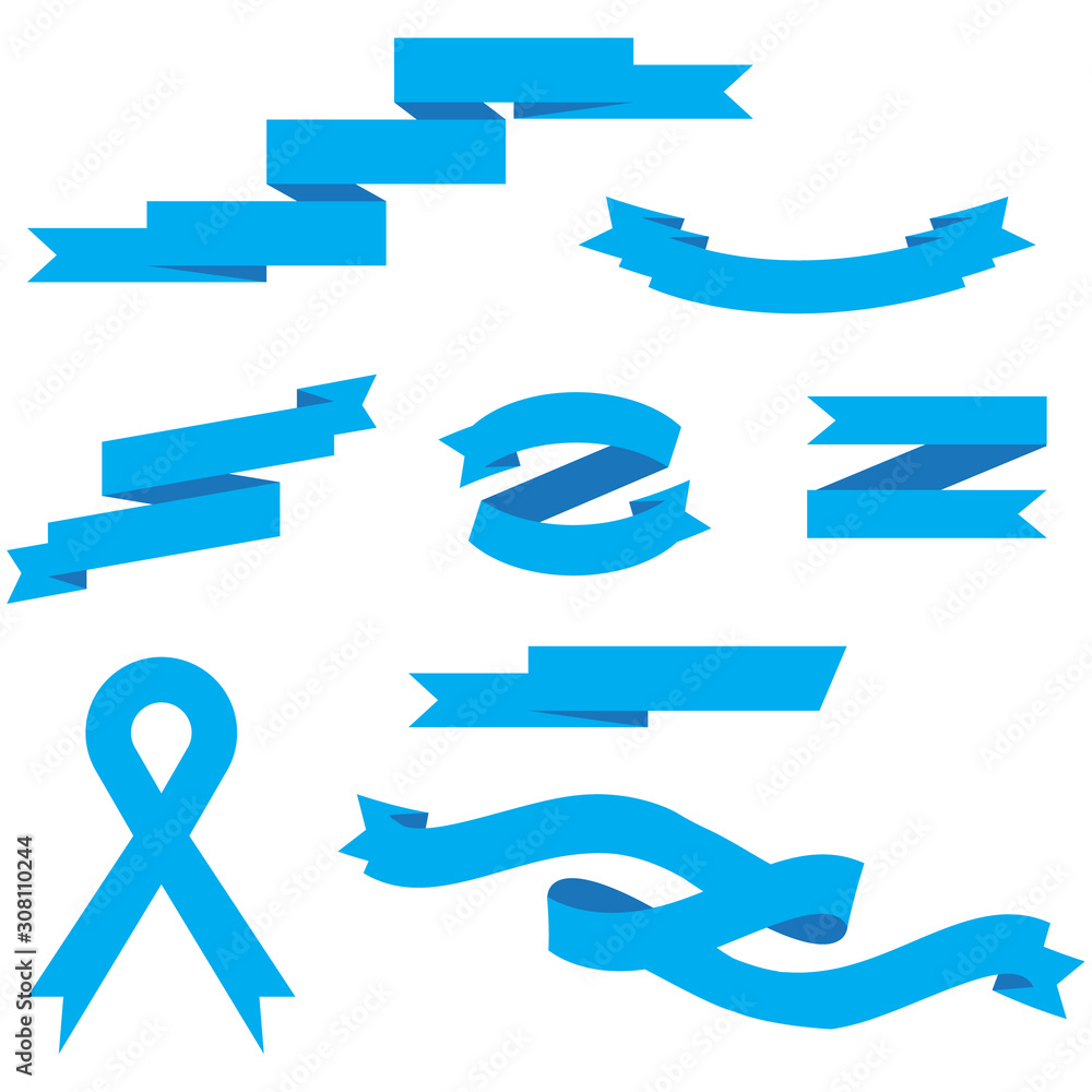 Blue Ribbon Set In Isolated For Celebration And Winner Award Banner White Background, Vector Illustration