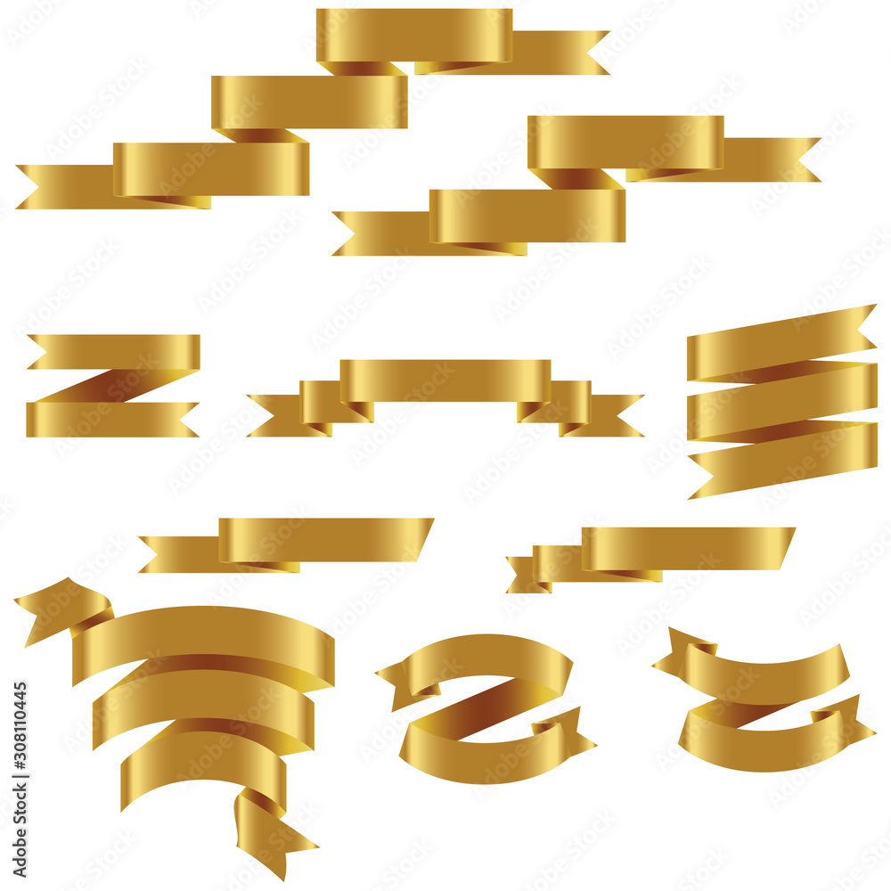 GOLD Ribbon Set In Isolated For Celebration And Winner Award Banner White Background, Vector Illustration GOLD Ribbon Set In Isolated For Celebration And Winner Award Banner White Background, Vector Illustration