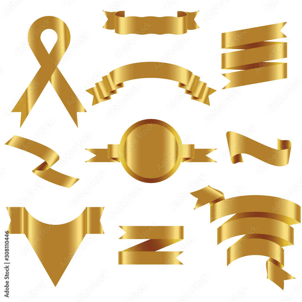 GOLD Ribbon Set In Isolated For Celebration And Winner Award Banner White Background, Vector Illustration