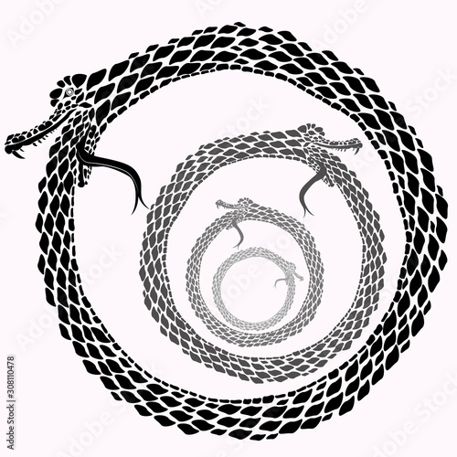 Ouroboros endless loop. The snake eats its tail endlessly.