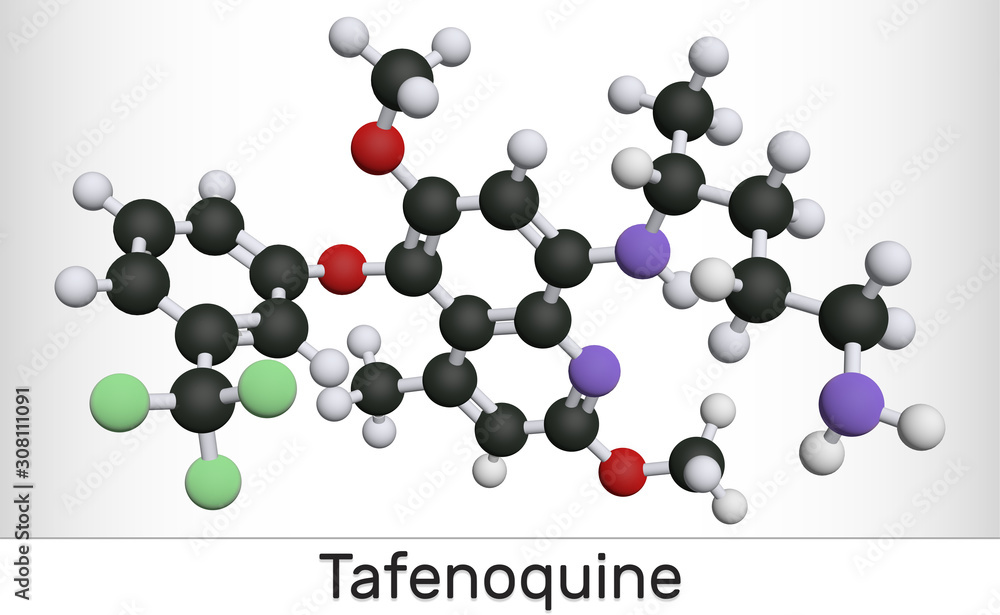 Tafenoquine drug molecule. It is used to prevent and to treat malaria. Molecular model Tafenoquine drug molecule. It is used to prevent and to treat malaria. Molecular model