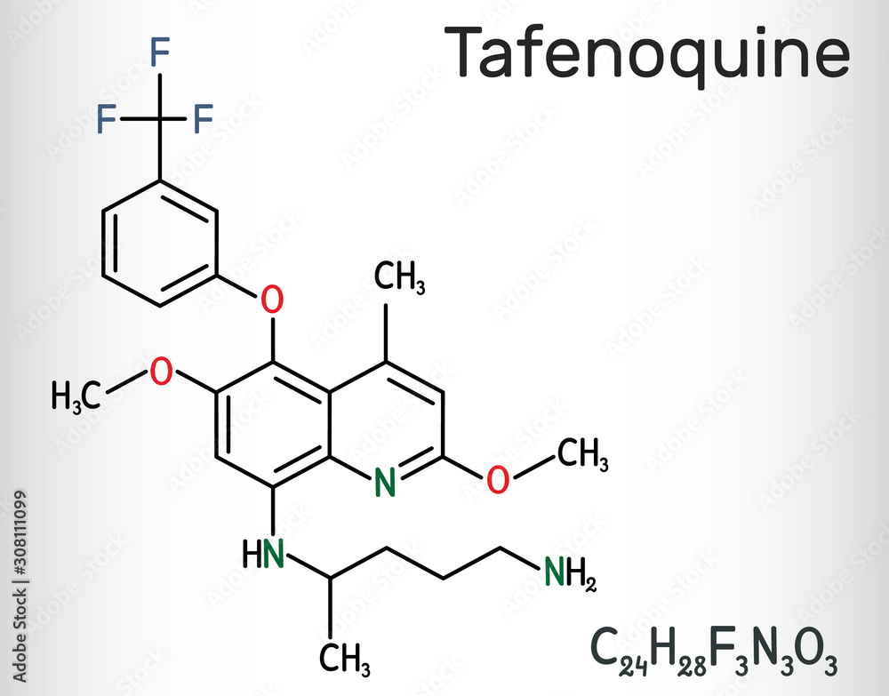 Tafenoquine drug molecule. It is used to prevent and to treat malaria. Structural chemical formula