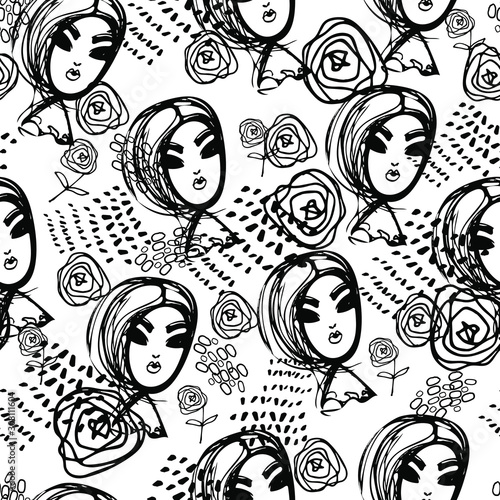 Hand drawn line art vector, girl face icon, women, rose, abstract graphic elements seamless pattern on a white isolated background for use in design, wrapping paper, textile