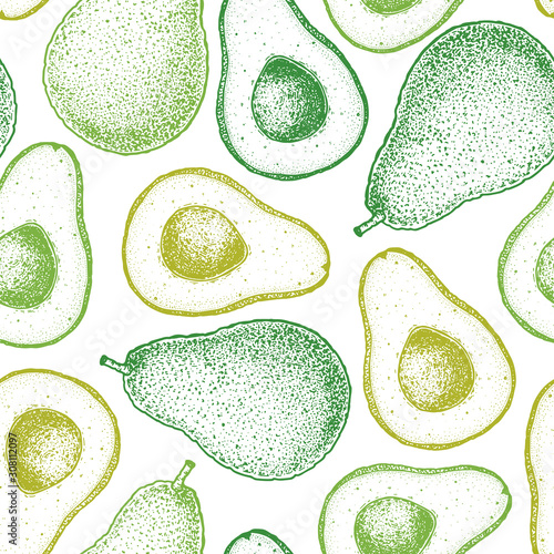 Avocado hand drawn illustration. Avocado seamless pattern. Sketch vector illustration. Can used for packaging design. Avocado food.