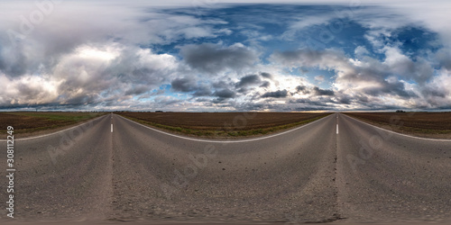 full seamless spherical hdri panorama 360 degrees angle view on asphalt road among fields in autumn day with beautiful clouds in equirectangular projection, ready for VR AR virtual reality content