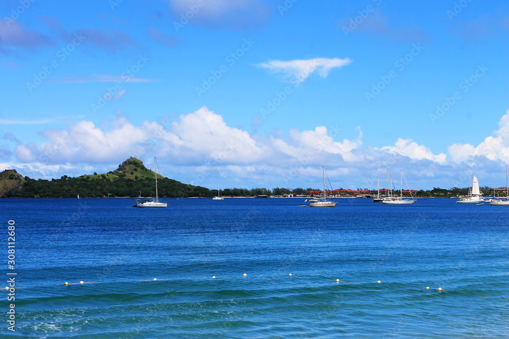 Sailboats on the Caribbean sea, off the coast of St. Lucia, West Indies