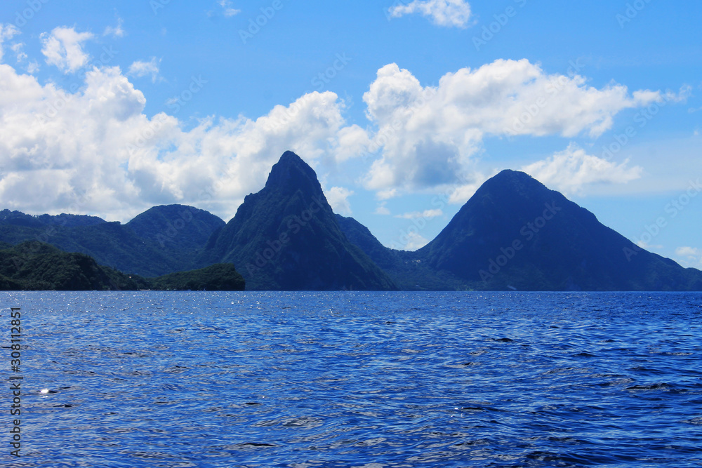 View of the Pitons on the rim of a caldera volcano, St. Lucia, West Indies