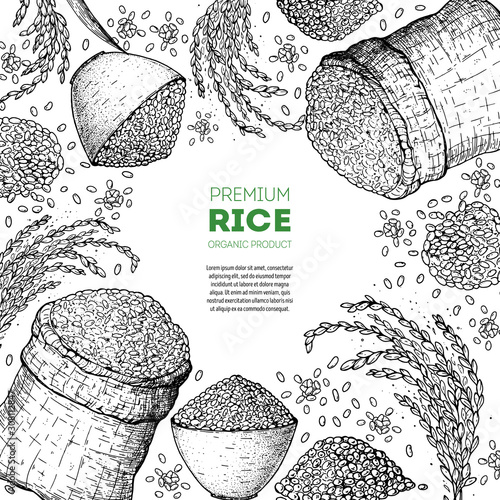 Rice hand drawn vector illustration. Bag of rice sketch. Packaging design