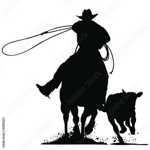 A vector silhouette of a cowboy riding a horse roping a calf.