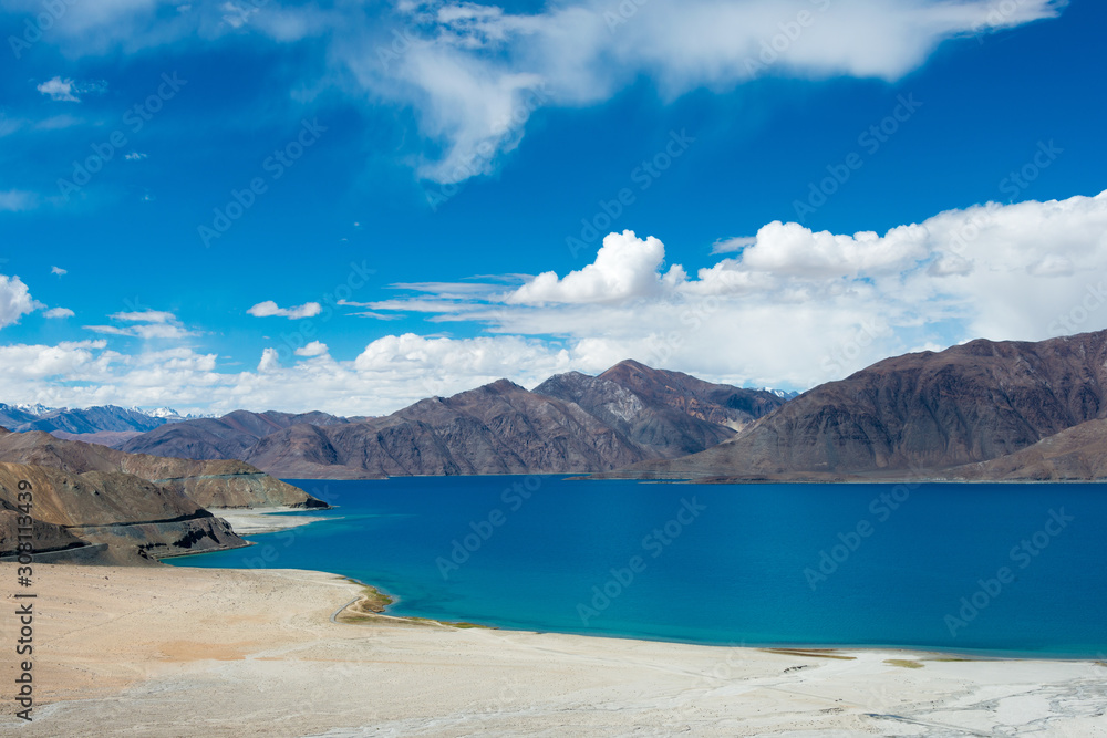 Ladakh, India - Aug 06 2019 - Pangong Lake view from Merak Village in Ladakh, Jammu and Kashmir, India. The Lake is an endorheic lake in the Himalayas situated at a height of about 4350m.