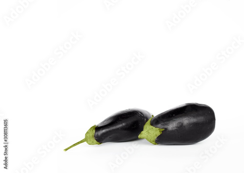 Eggplants isolated on the white background. Aubergine close-up. Selective focus