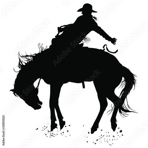 Vector silhouettes of a cowboy riding a bucking bronco horse. photo