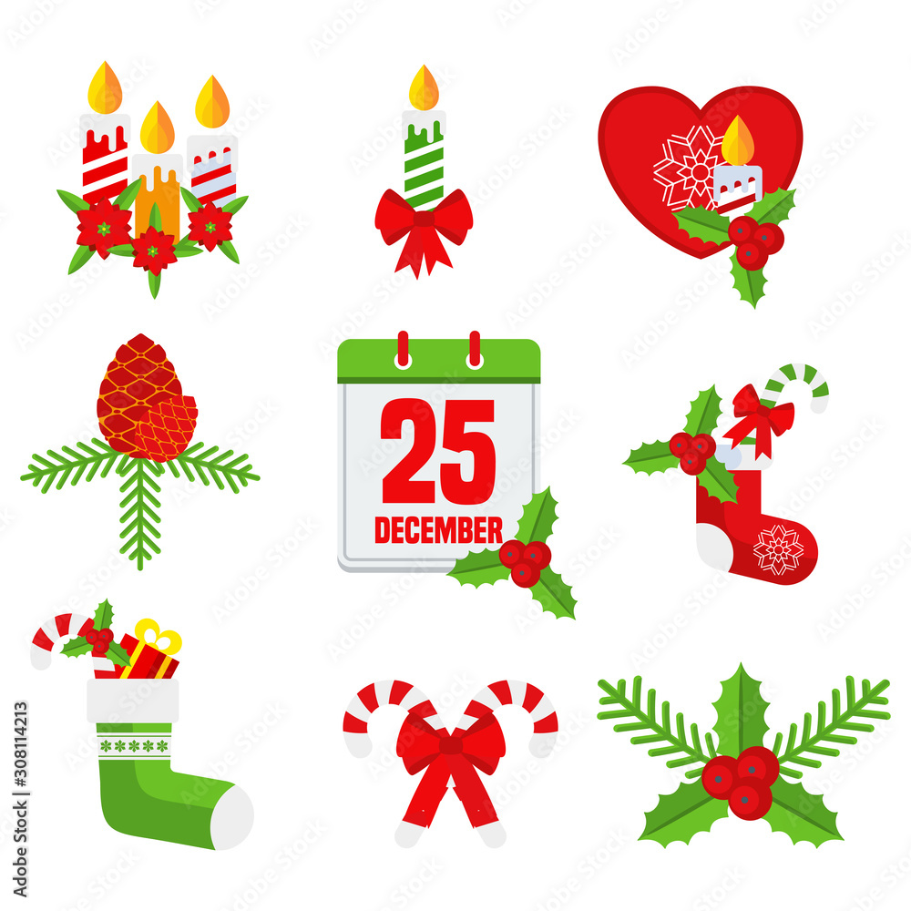Christmas icons set. Flat vector Winter holiday decoration.