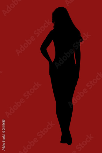 Black silhouette of slim female body on red background