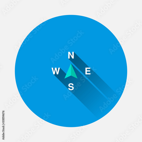 Vector icon of the compass. Illustration of a compass symbol for determining the sides of the world icon on blue background. Flat image with long shadow.