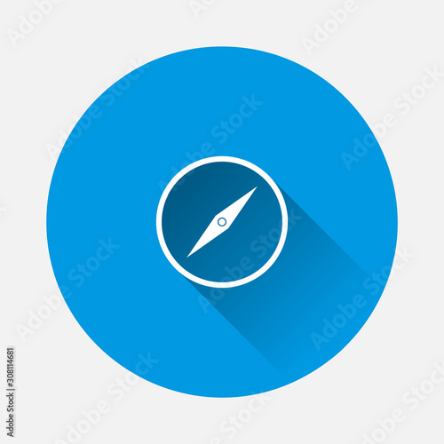 Vector icon of the compass. Illustration of a compass symbol for determining the sides of the world icon on blue background. Flat image with long shadow.