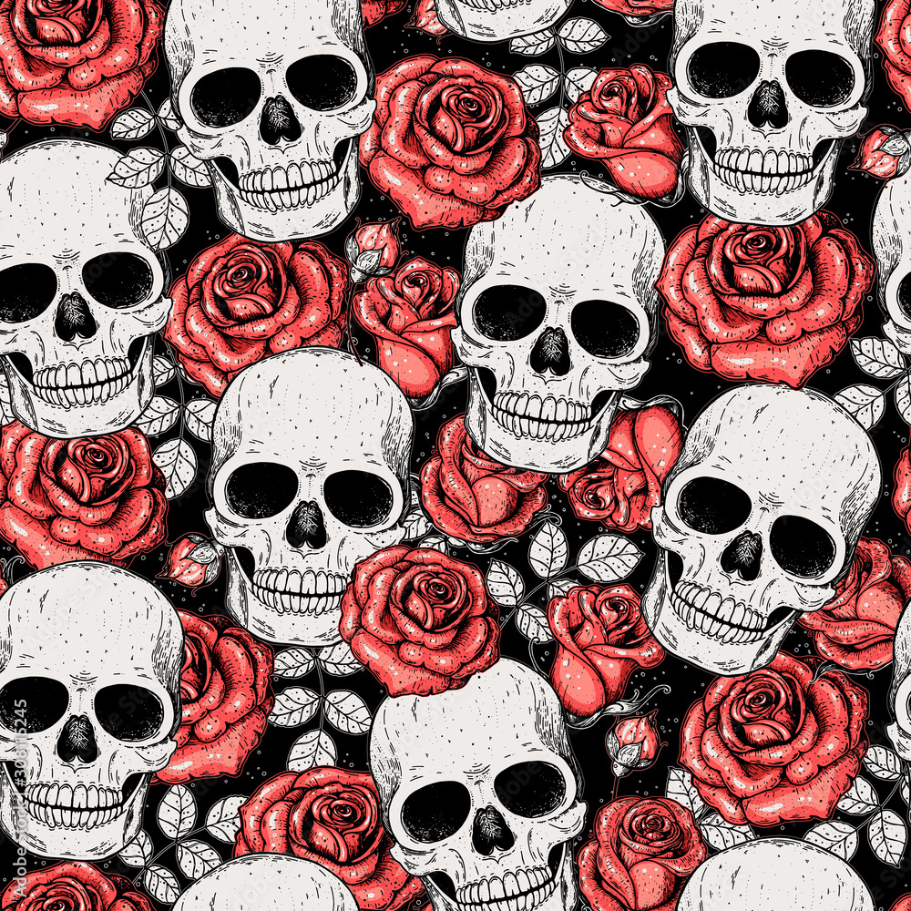 Skull and roses seamless pattern. Hand drawn vector illustration. Fabric design template. Skull background.