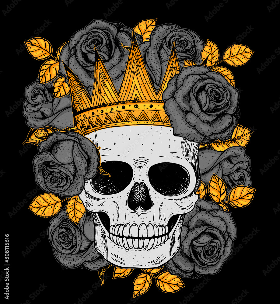 Skull of queen hand drawn illustration. Tattoo vintage print. Crown ...