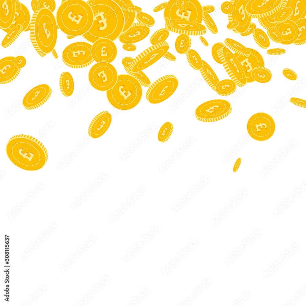British pound coins falling. Scattered floating GB British pound coins falling. Scattered floating GB