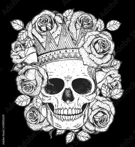 Skull of queen hand drawn illustration. Tattoo vintage print. Crown, roses and skull sketch illustration. Vector print. Crown on the skull