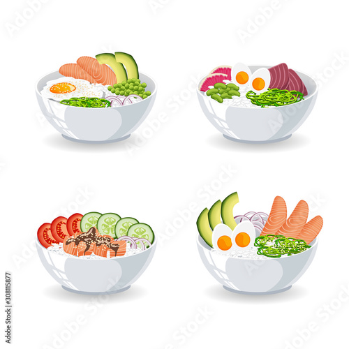 Set of illustrations with different types of Poke bowl isolated on white background