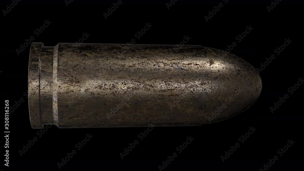 A 360 degree pan around a 9mm bullet as it flies through the air in slow motion, shot against a black background - seamless looping. A 360 degree pan around a 9mm bullet as it flies through the air in slow motion, shot against a black background - seamless looping.
