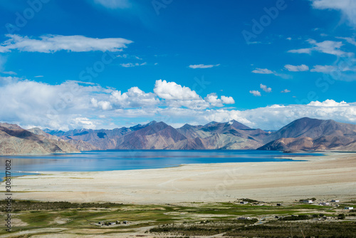 Ladakh, India - Aug 05 2019 - Pangong Lake view from Merak Village in Ladakh, Jammu and Kashmir, India. The Lake is an endorheic lake in the Himalayas situated at a height of about 4350m. © beibaoke