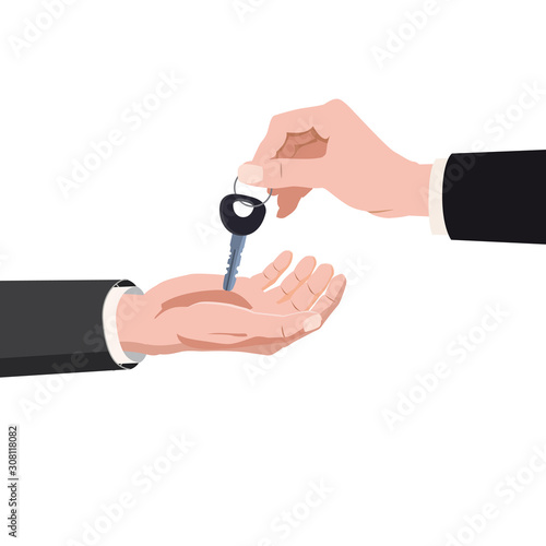 Hand giving keys ome, real estate property purchase, rent, sale buying concept