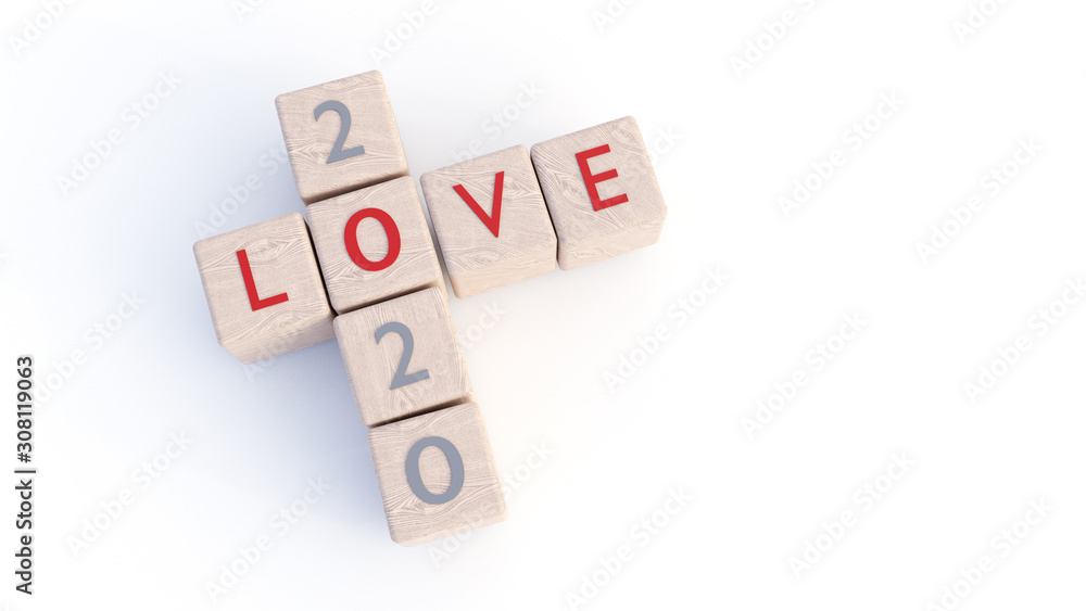 2020 NEW YEAR, 3D ILLUSTRATION OF DICES WITH WORDS 2020 AND LOVE, ISOLATED ON WHITE BACKGROUND 2020 NEW YEAR, 3D ILLUSTRATION OF DICES WITH WORDS 2020 AND LOVE, ISOLATED ON WHITE BACKGROUND