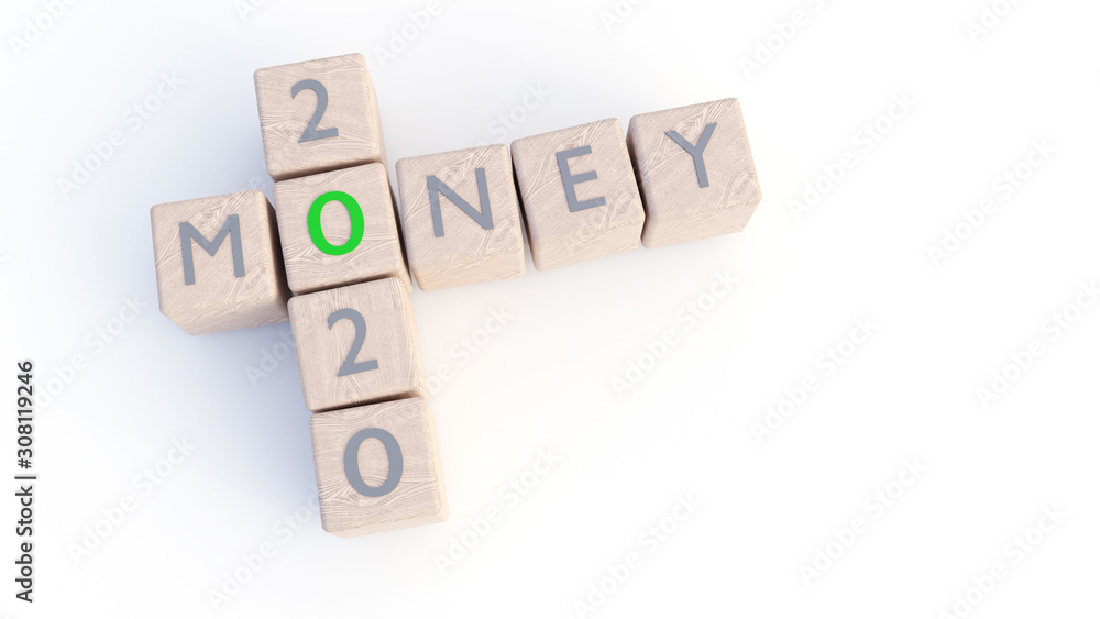 2020 NEW YEAR, 3D ILLUSTRATION OF DICES WITH WORDS 2020 AND MONEY, ISOLATED ON WHITE BACKGROUND 2020 NEW YEAR, 3D ILLUSTRATION OF DICES WITH WORDS 2020 AND MONEY, ISOLATED ON WHITE BACKGROUND