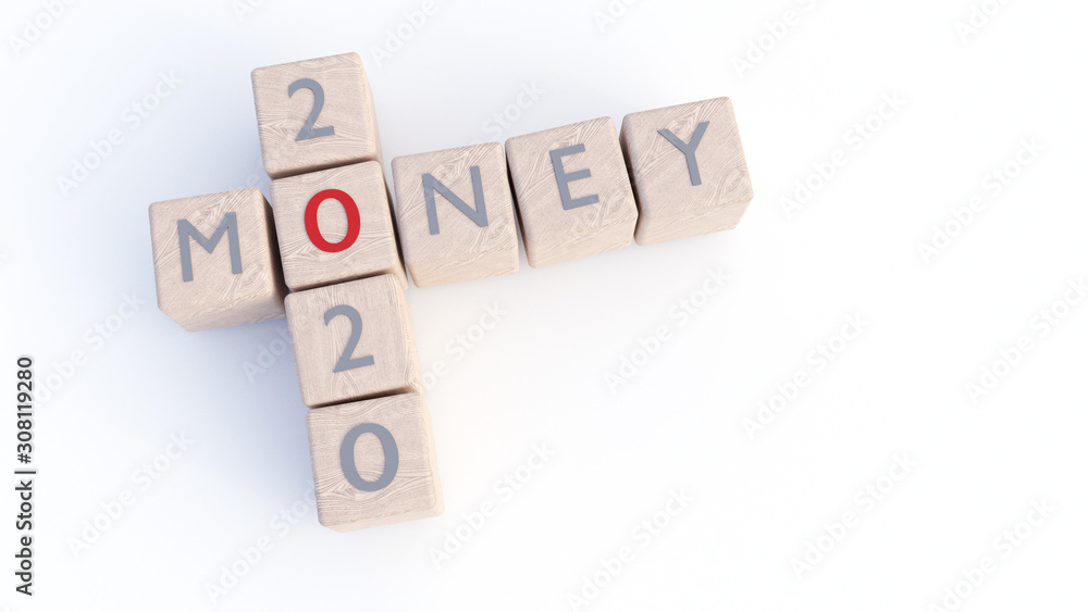 2020 NEW YEAR, 3D ILLUSTRATION OF DICES WITH WORDS 2020 AND MONEY, ISOLATED ON WHITE BACKGROUND 2020 NEW YEAR, 3D ILLUSTRATION OF DICES WITH WORDS 2020 AND MONEY, ISOLATED ON WHITE BACKGROUND