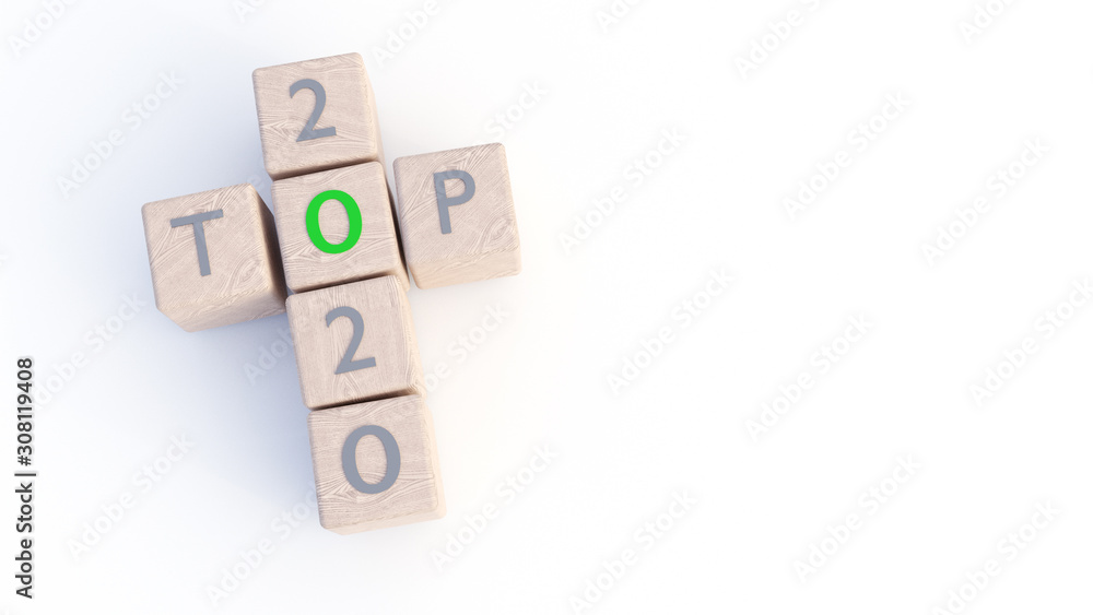 2020 NEW YEAR, 3D ILLUSTRATION OF DICES WITH WORDS 2020 AND TOP, ISOLATED ON WHITE BACKGROUND 2020 NEW YEAR, 3D ILLUSTRATION OF DICES WITH WORDS 2020 AND TOP, ISOLATED ON WHITE BACKGROUND
