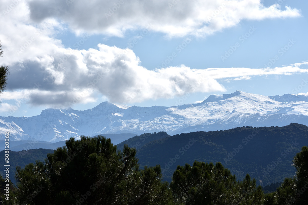 Sierra Nevada with snow view from the natural park of the Sierra de Huétor in Granada with hills of pine forests in front and an intense blue sky with beautiful clouds in the background