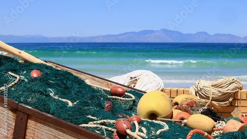 Traditional Fishing Nets, ropes and plastic floats on Fish Hoek Beach