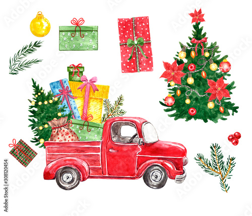 Watercolor set for Christmas and New Years cards with hand painted red truck,...