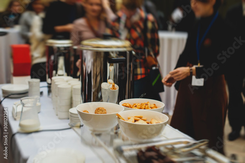 Obraz na plátně Set of coffee break in the hotel during conference meeting, with tea and coffee