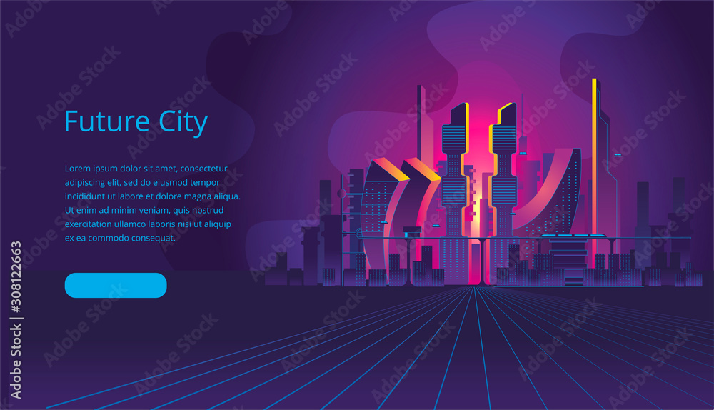 Web site landing page with 3d smart tv illustration and interface elements,  gadget advertising promo banner in ultraviolet neon colors Stock Vector