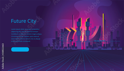 Fantastic city in the style of cyberpunk. Vector illustration in retro style in neon colors. Night city of the future. Banner or home screen template for landing page.
