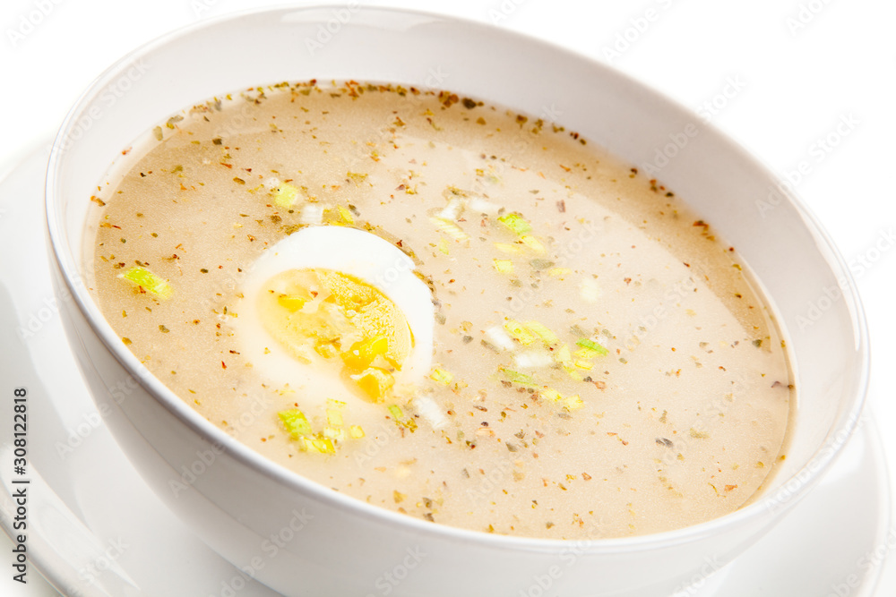 Sour rye soup on white background Sour rye soup on white background