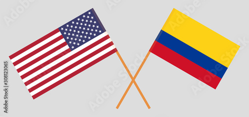Crossed flags of Colombia and USA. Official colors. Correct proportion. Vector illustration