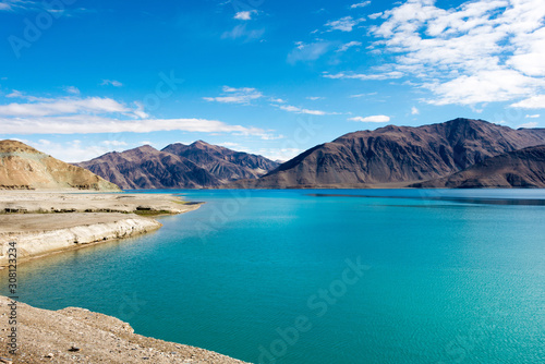 Ladakh, India - Aug 07 2019 - Pangong Lake view from Between Merak and Maan in Ladakh, Jammu and Kashmir, India. The Lake is an endorheic lake in the Himalayas situated at a height of about 4350m.