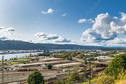Industrial district in Portland Oregon. Beautiful clouds rolling over Portland Industrail district during a sunny day.