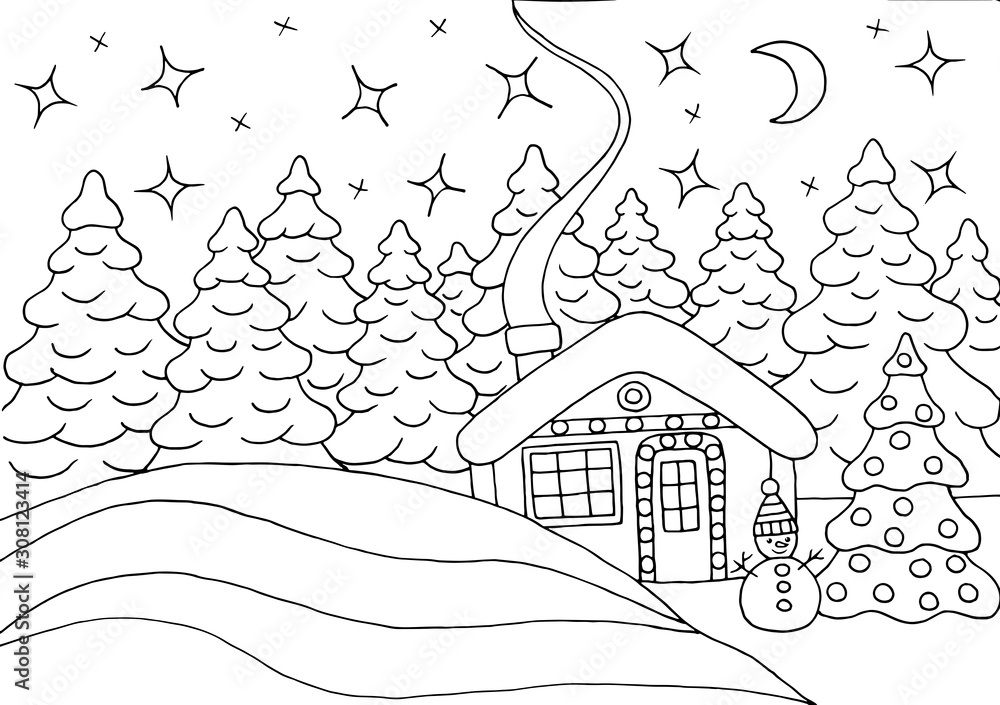 Plakat Coloring page house in the winter forest with a Christmas tree and a snowman