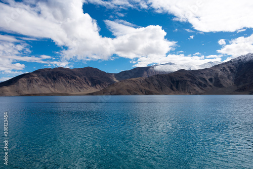 Ladakh  India - Aug 07 2019 - Pangong Lake view from Between Merak and Maan in Ladakh  Jammu and Kashmir  India. The Lake is an endorheic lake in the Himalayas situated at a height of about 4350m.