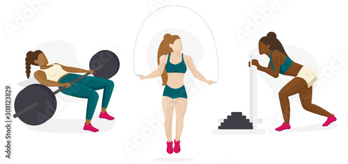 Female Strength Training Athlete, Body Builder, Crossfit Character Icon Set, Multicultural Diversity Concept	