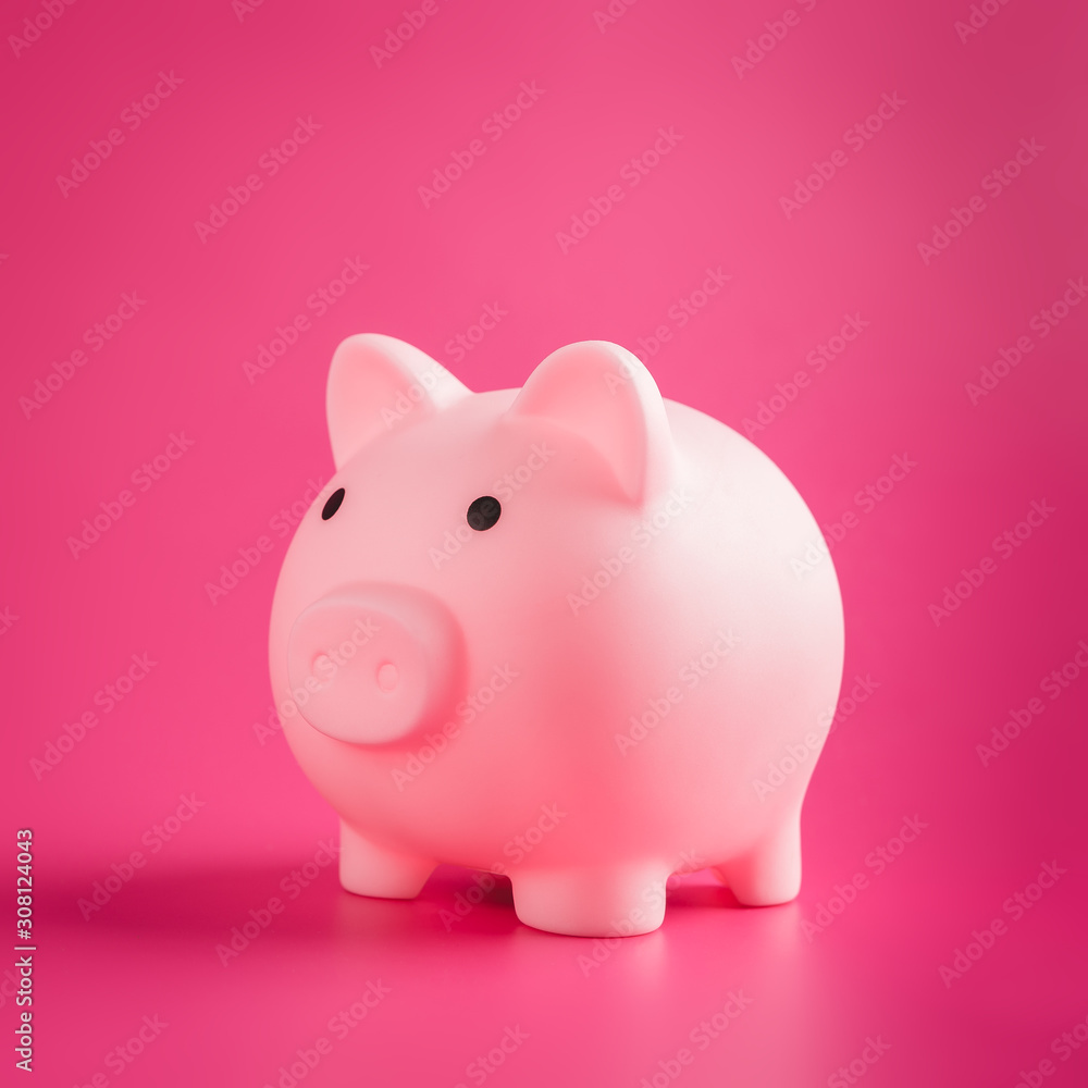 Piggy Bank pig pink on solid background with hard light, minimal style