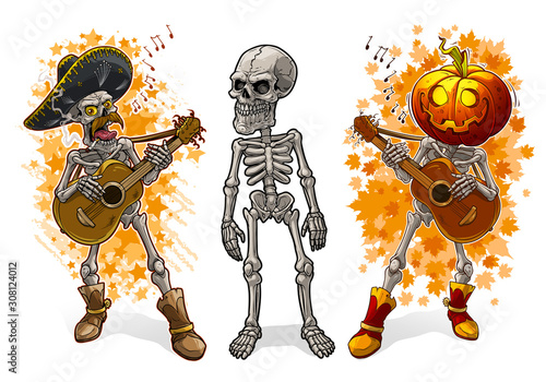 Cartoon detailed realistic colorful scary human skeletons with skulls in boots with halloween orange pumpkin head, sombrero and guitar. Isolated on white background. Vector icon set.