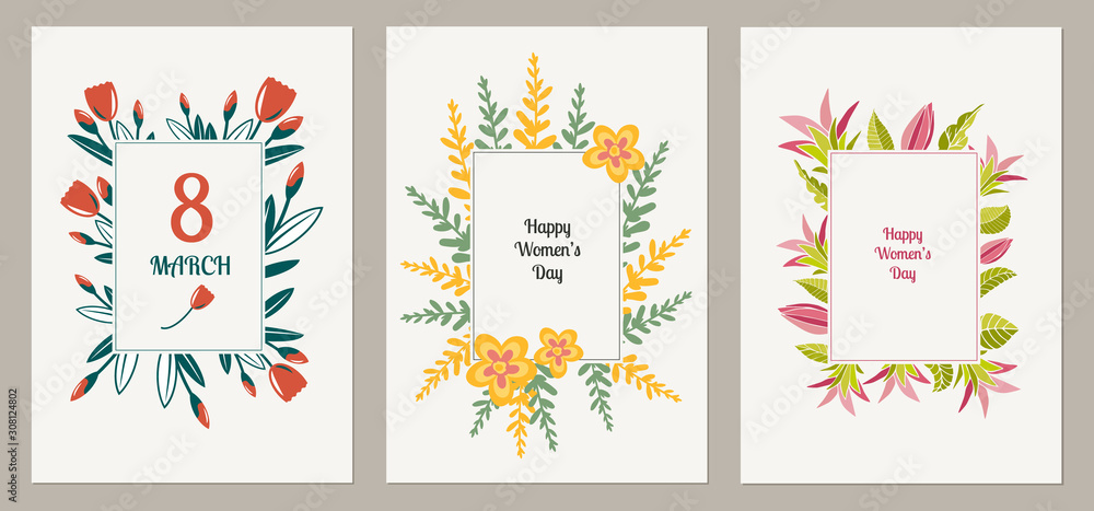 Set of three cards for international Women's Day 8 march with frame made of tulip, lilyes flower, wildflowers and leaves. Greeting cards, banners in the delicate artistic style. Vector illustration.