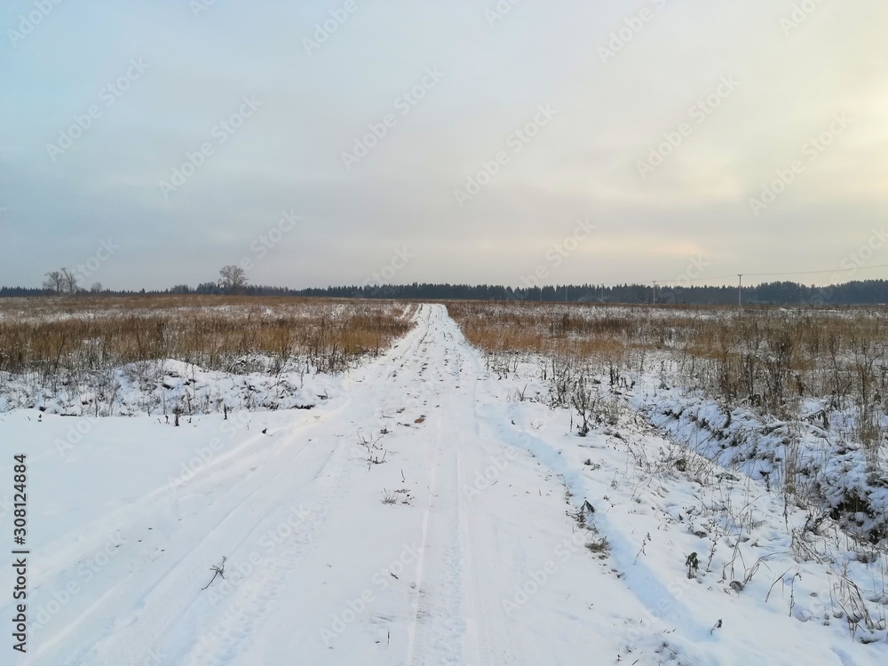 Winter landscape, road in a snow-covered field. Cloudy gray sky.