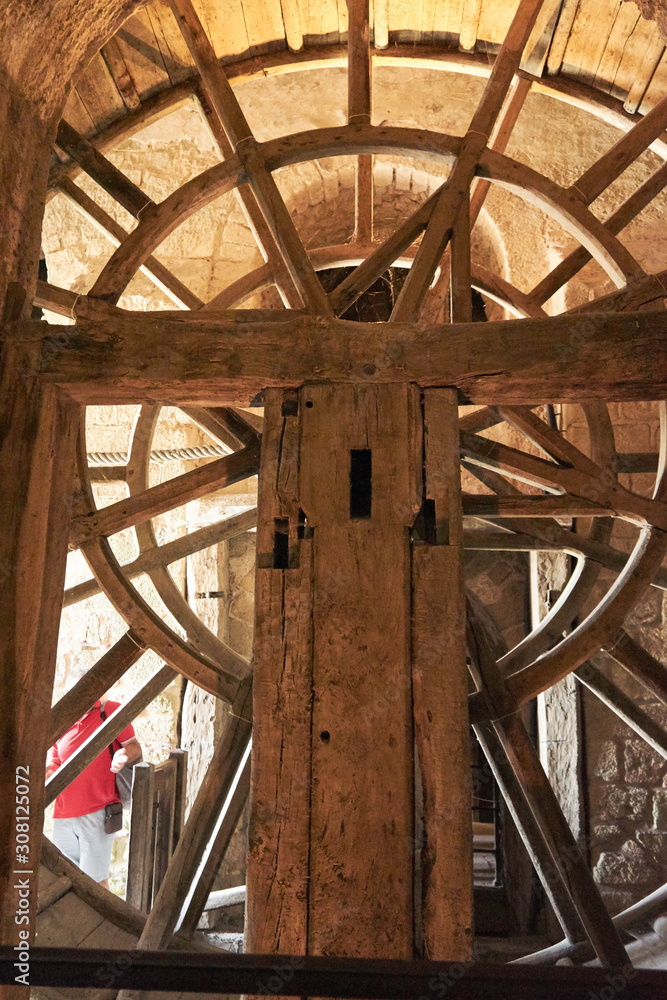 Mont Saint Michel, France - July 25, 2018 - wooden components of the abbey